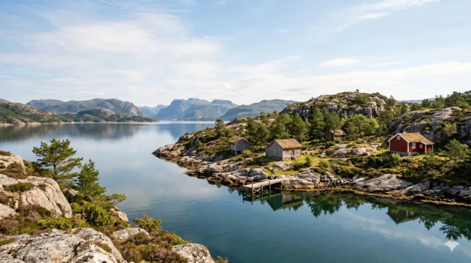 Norsk kystlandskap med spredte hytter og en liten brygge ved fjorden i Sandnes