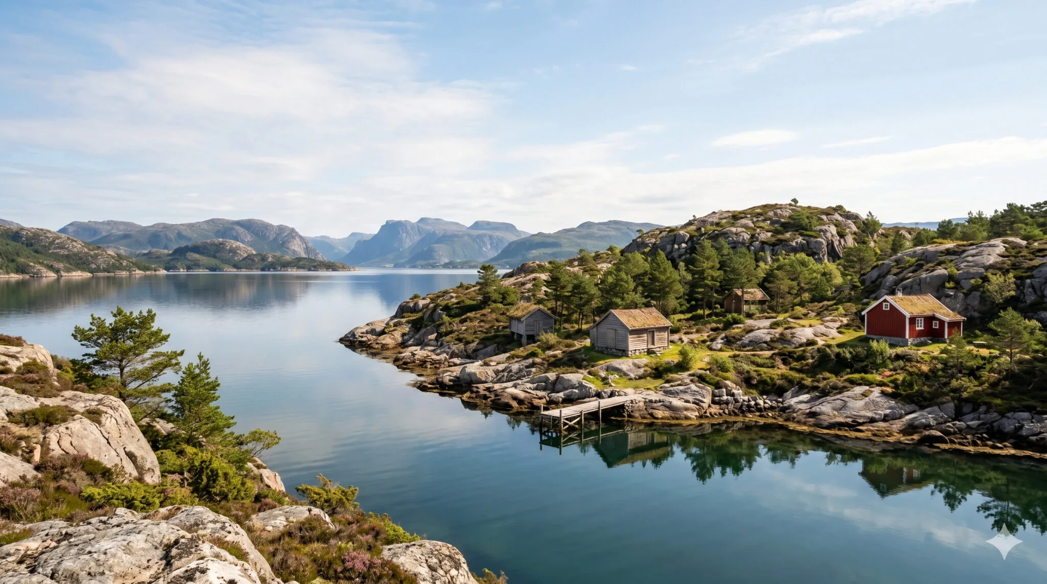 Norsk kystlandskap med spredte hytter og en liten brygge ved fjorden i Sandnes